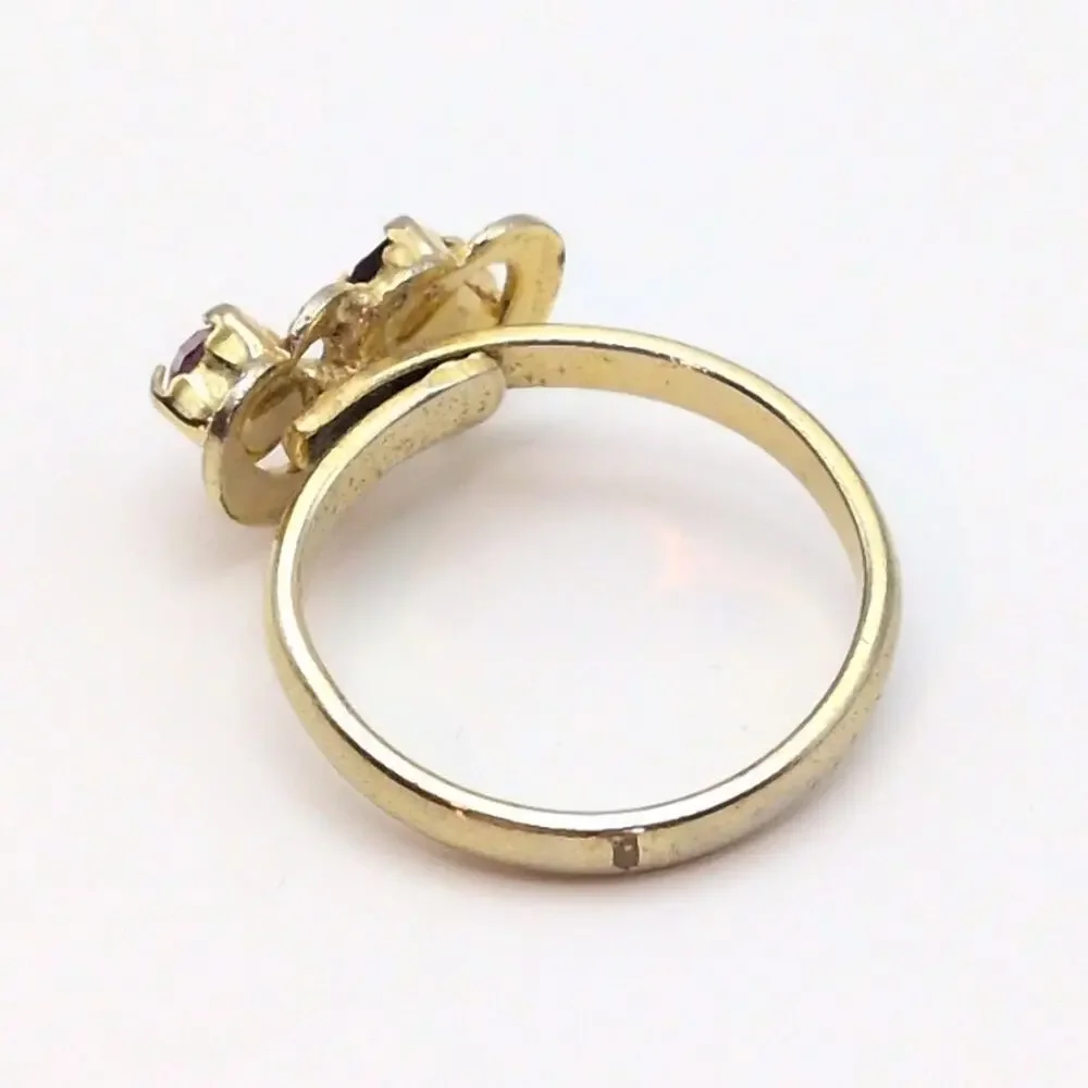 Vintage Double Heart Ring Gold Tone Purple Rhinestone Adjustable Love Retro